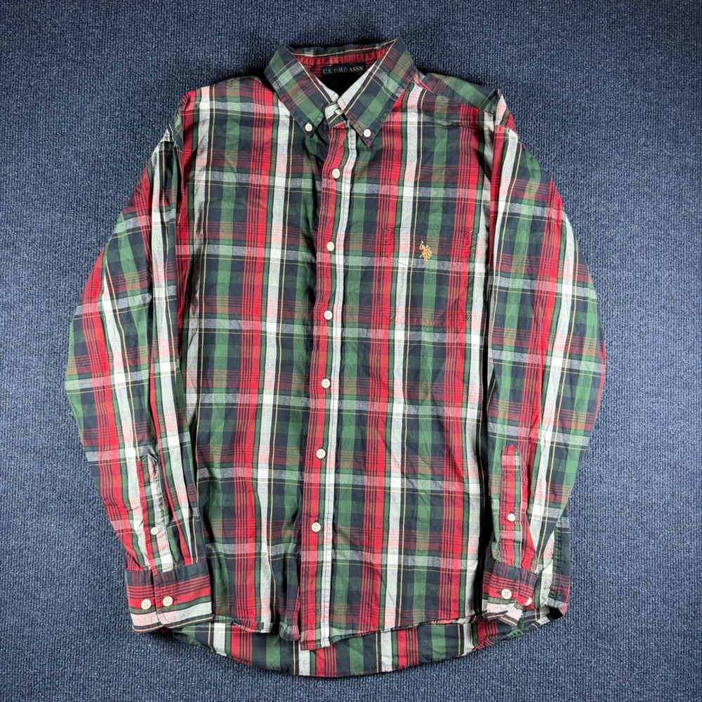 U.S. Polo Assn Mens Large Plaid Button Down Shirt Red Green